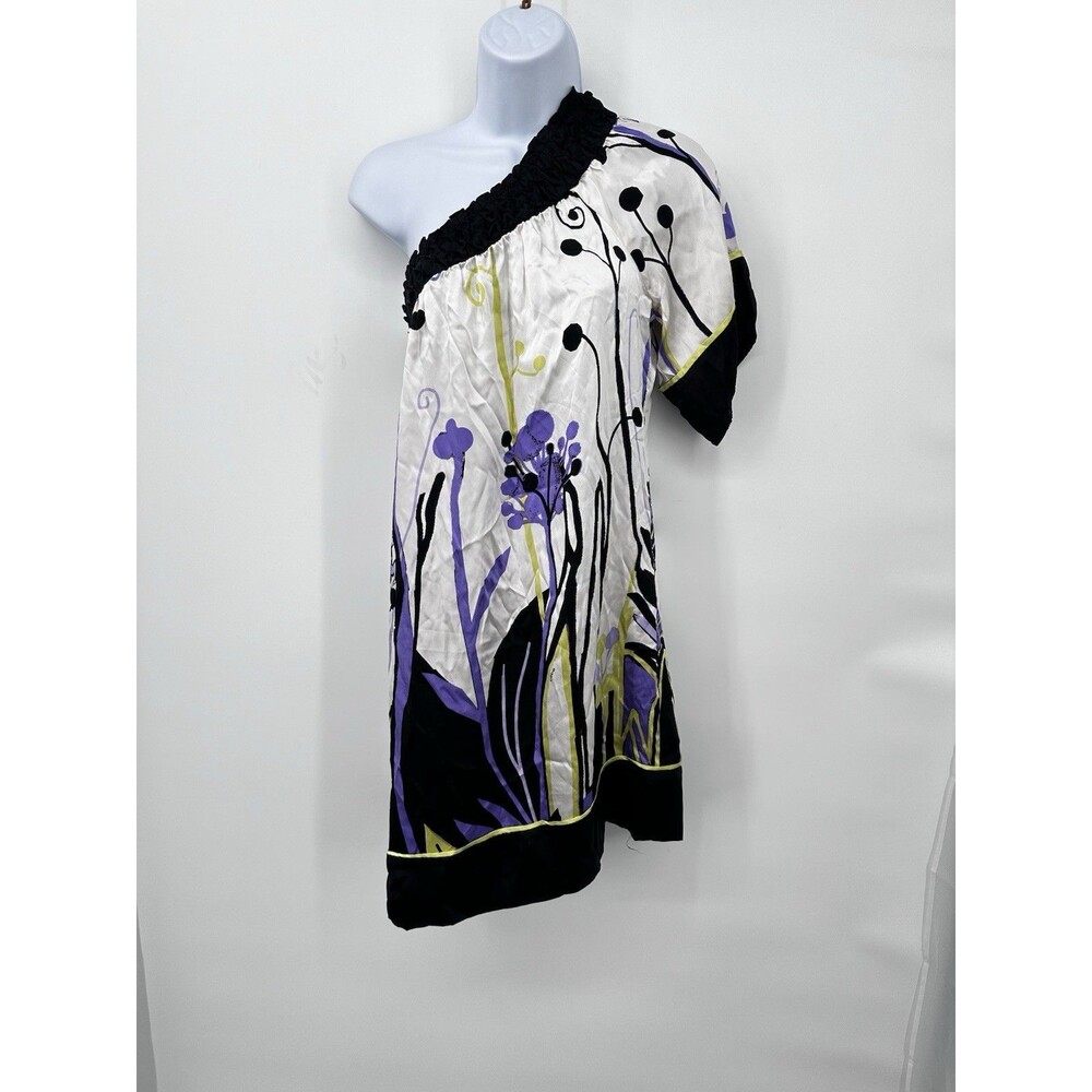 Bebe 100%‎ Silk Off Shoulder Gathered  Neck Print Blouse Shirt Top floral Y2k